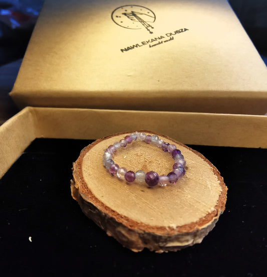 Pierścionek „Kolorowa Mgiełka” – Fluoryt • Rubin z Szafirem