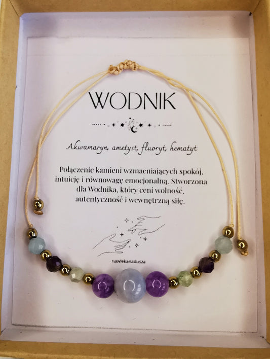 Bransoletka zodiakalna na sznurku dla Wodnika - ametyst, akwamaryn, fluoryt, hematyt ♒
