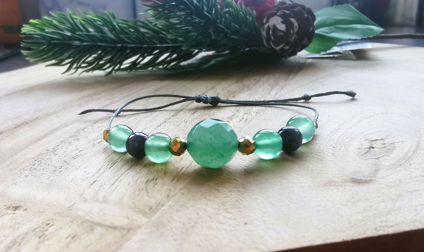 💚 Bransoletka na sznurku z awenturynu i kociego oka