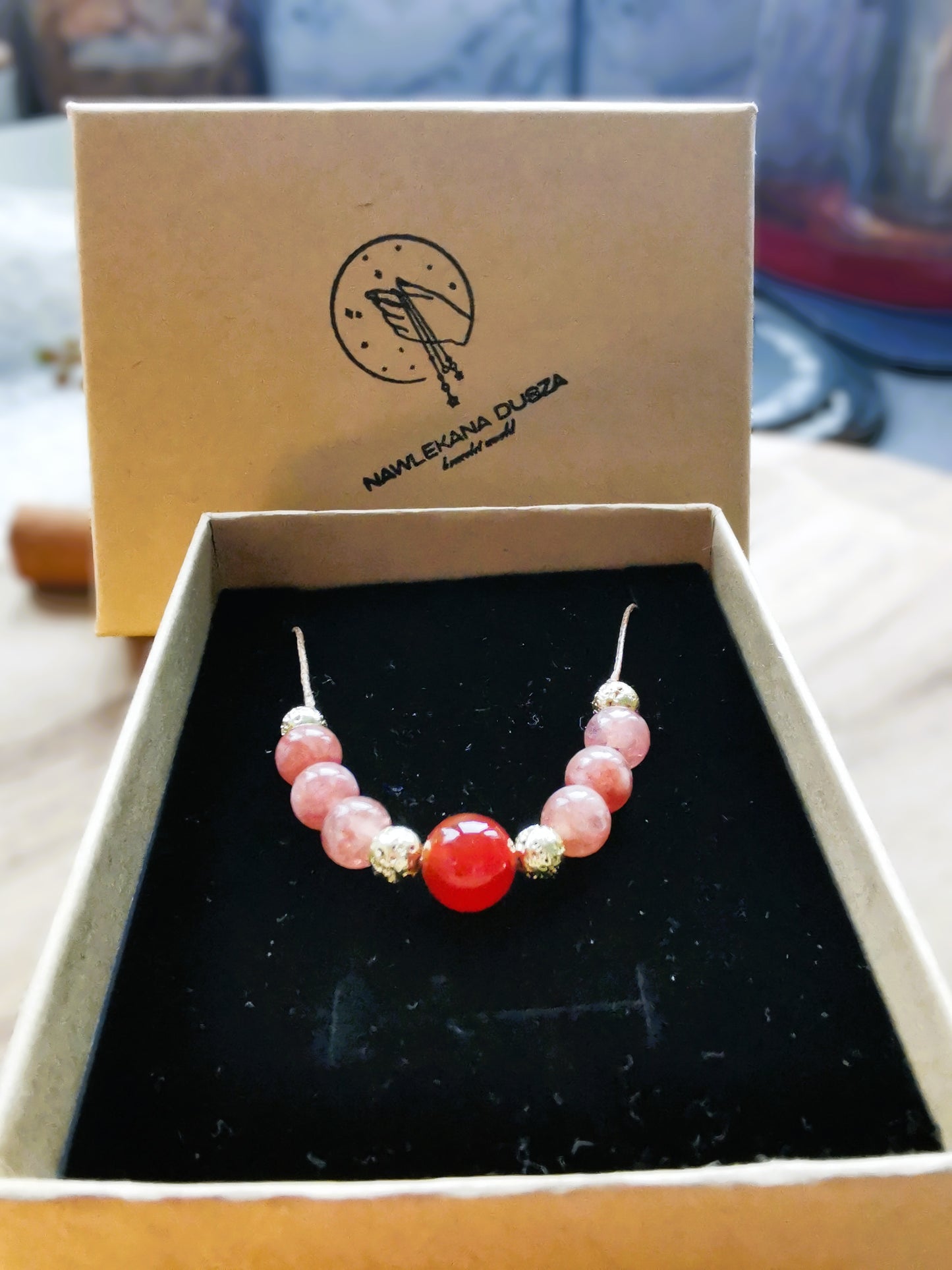 Bransoletka na sznurku z karneolu, kamienia słonecznego i lawy wulkanicznej ✨