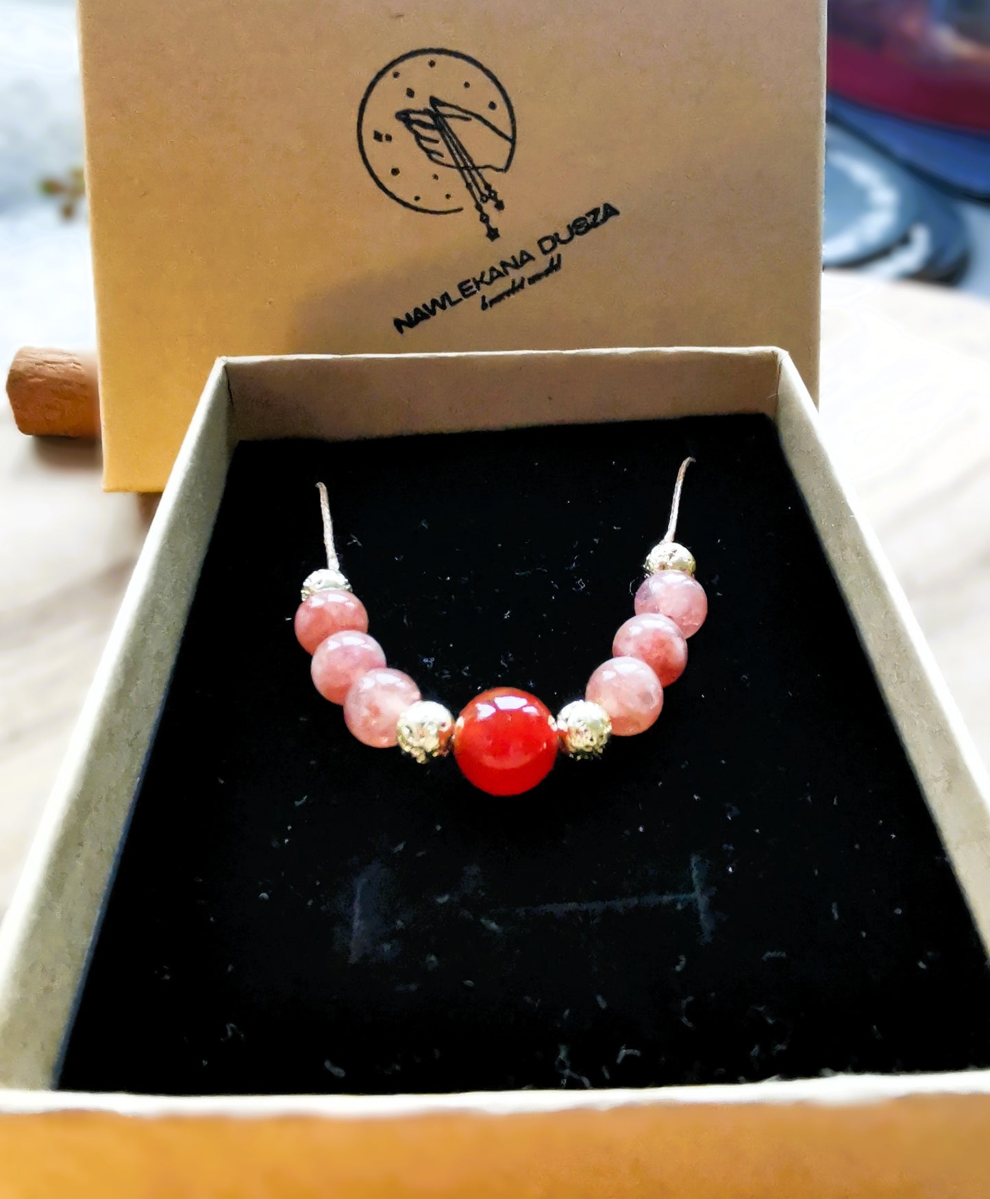 Bransoletka na sznurku z karneolu, kamienia słonecznego i lawy wulkanicznej ✨