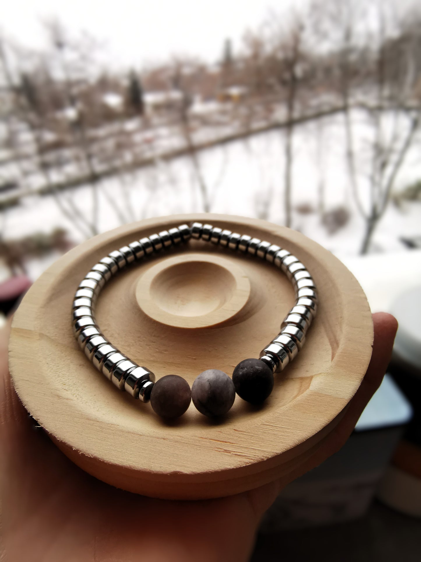 Męska Bransoletka  „Grey Pulse” — agat szary • hematyt