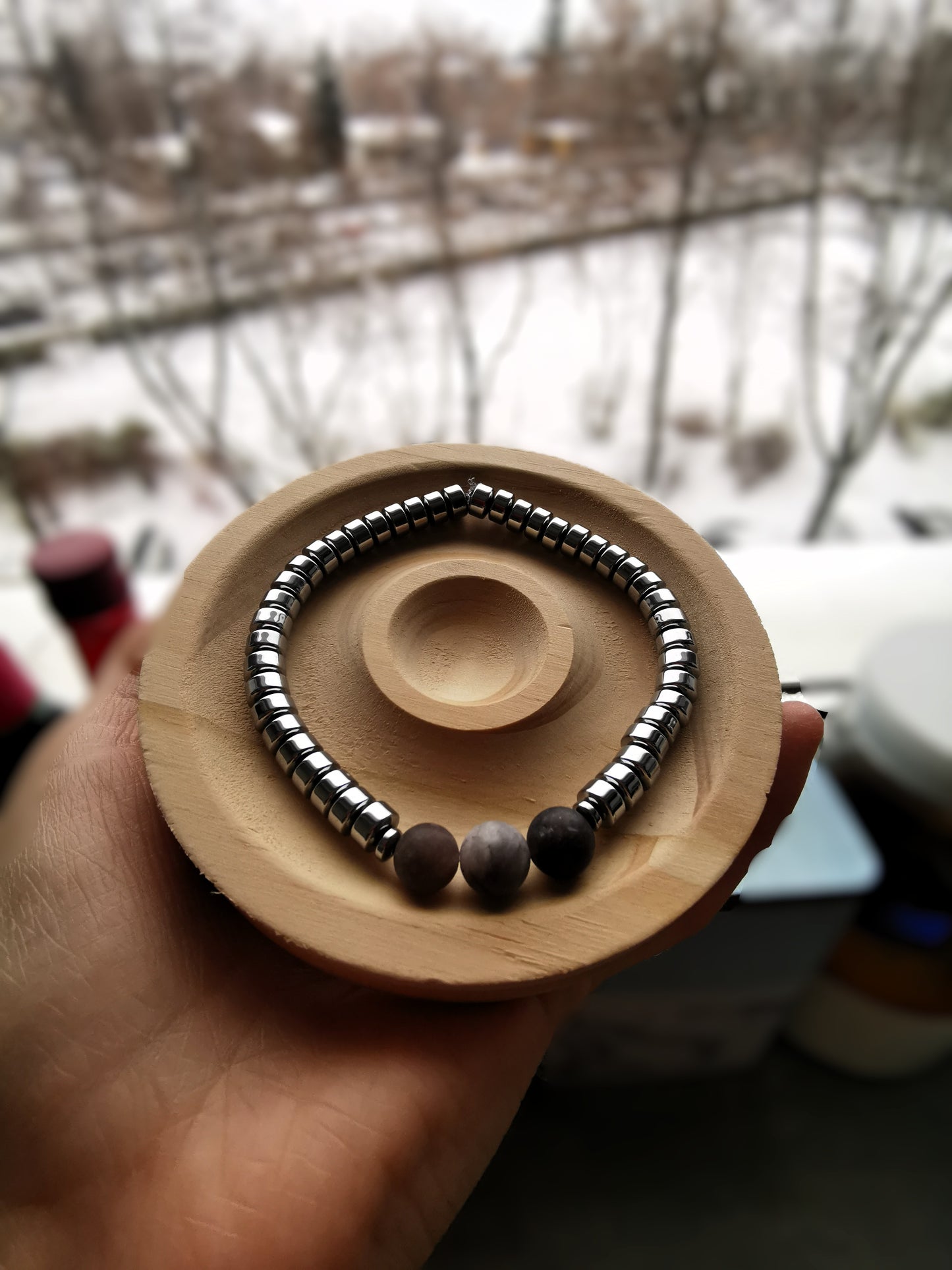 Męska Bransoletka  „Grey Pulse” — agat szary • hematyt