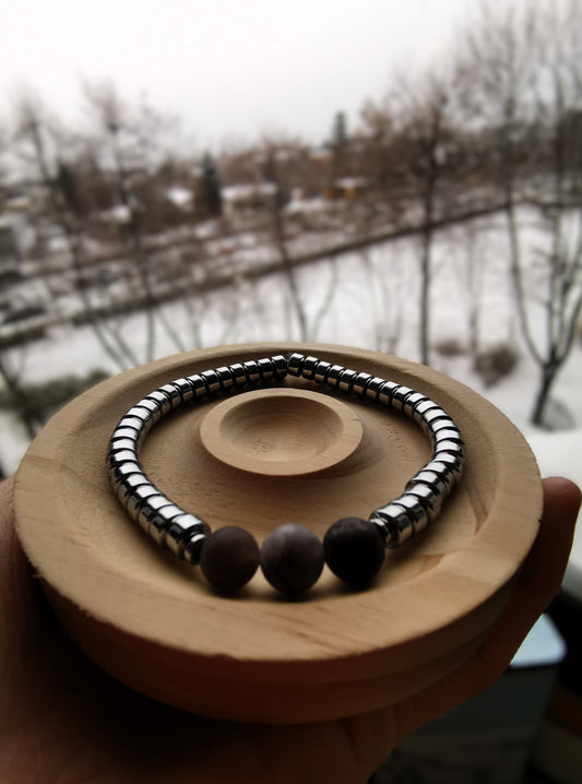 Męska Bransoletka  „Grey Pulse” — agat szary • hematyt