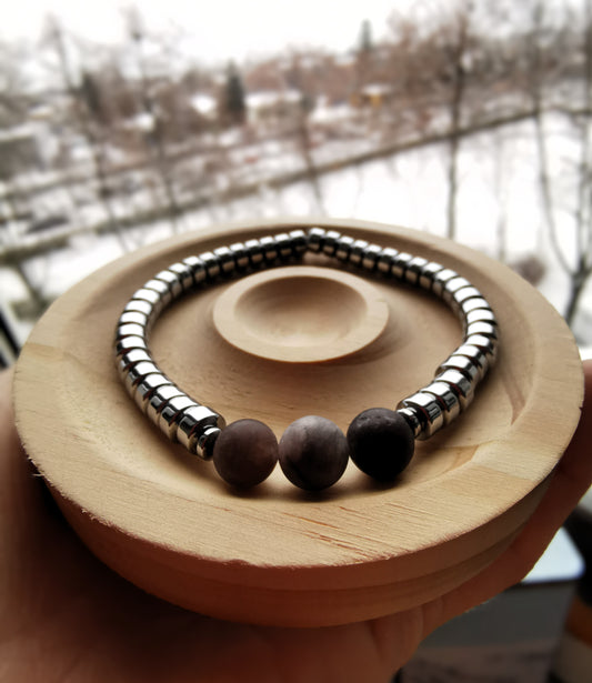 Męska Bransoletka  „Grey Pulse” — agat szary • hematyt