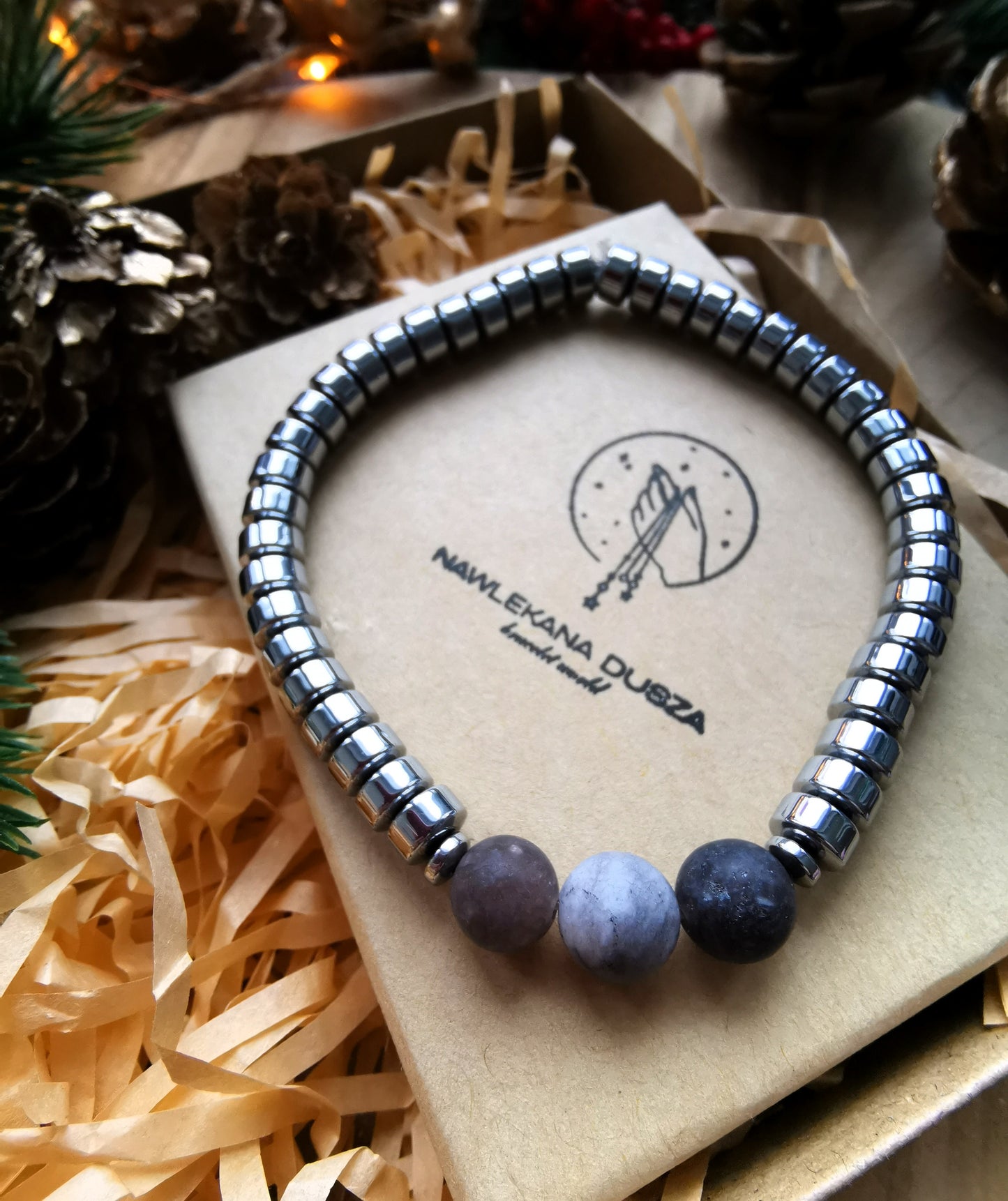 Męska Bransoletka  „Grey Pulse” — agat szary • hematyt