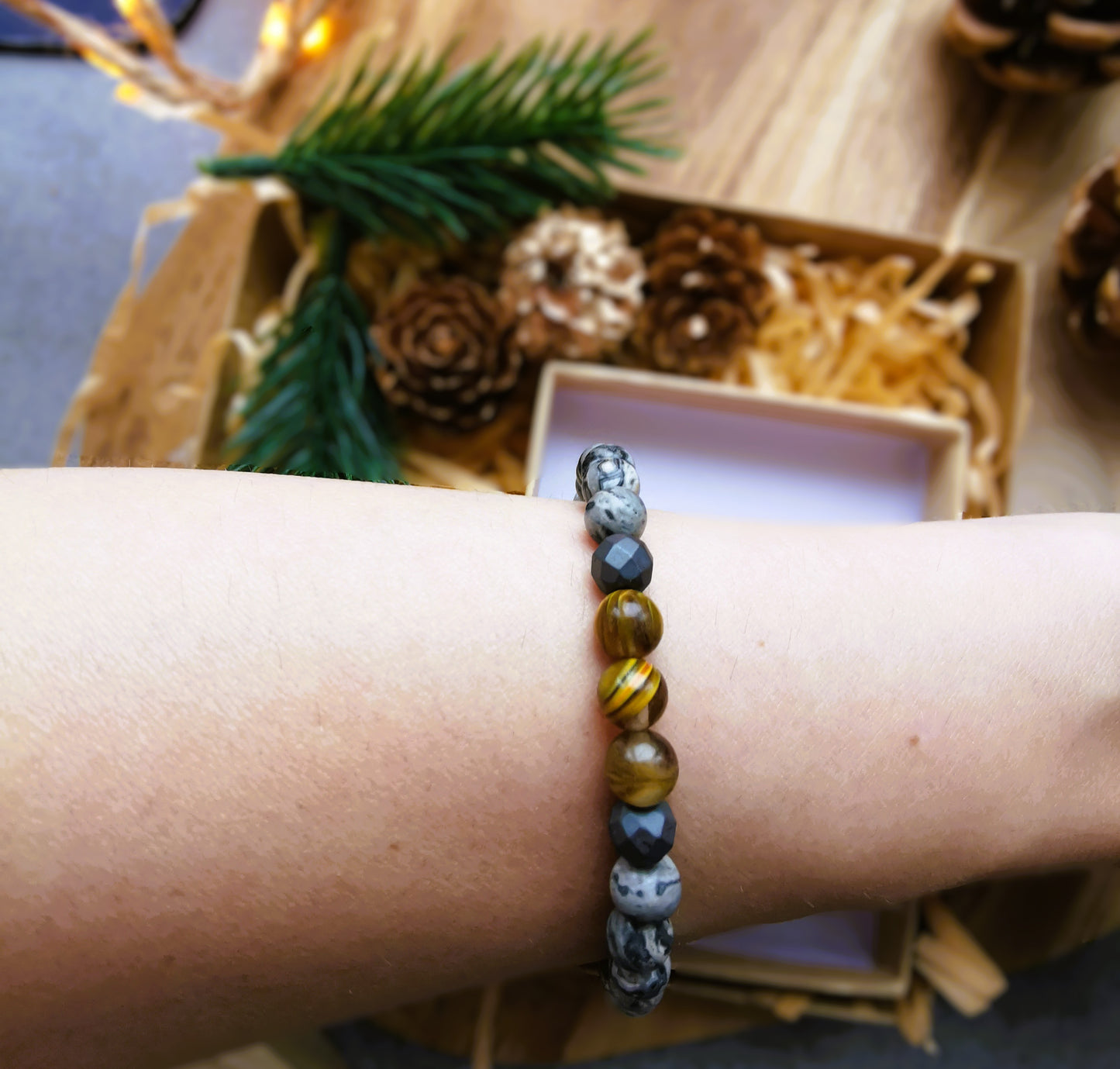 Męska bransoletka "Picasso Earth” — jaspis Picasso • oko tygrysa • hematyt