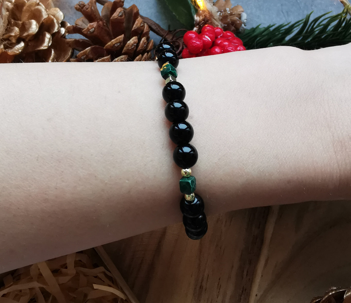 Bransoletka „Malachite Night” — agat czarny • malachit • hematyt