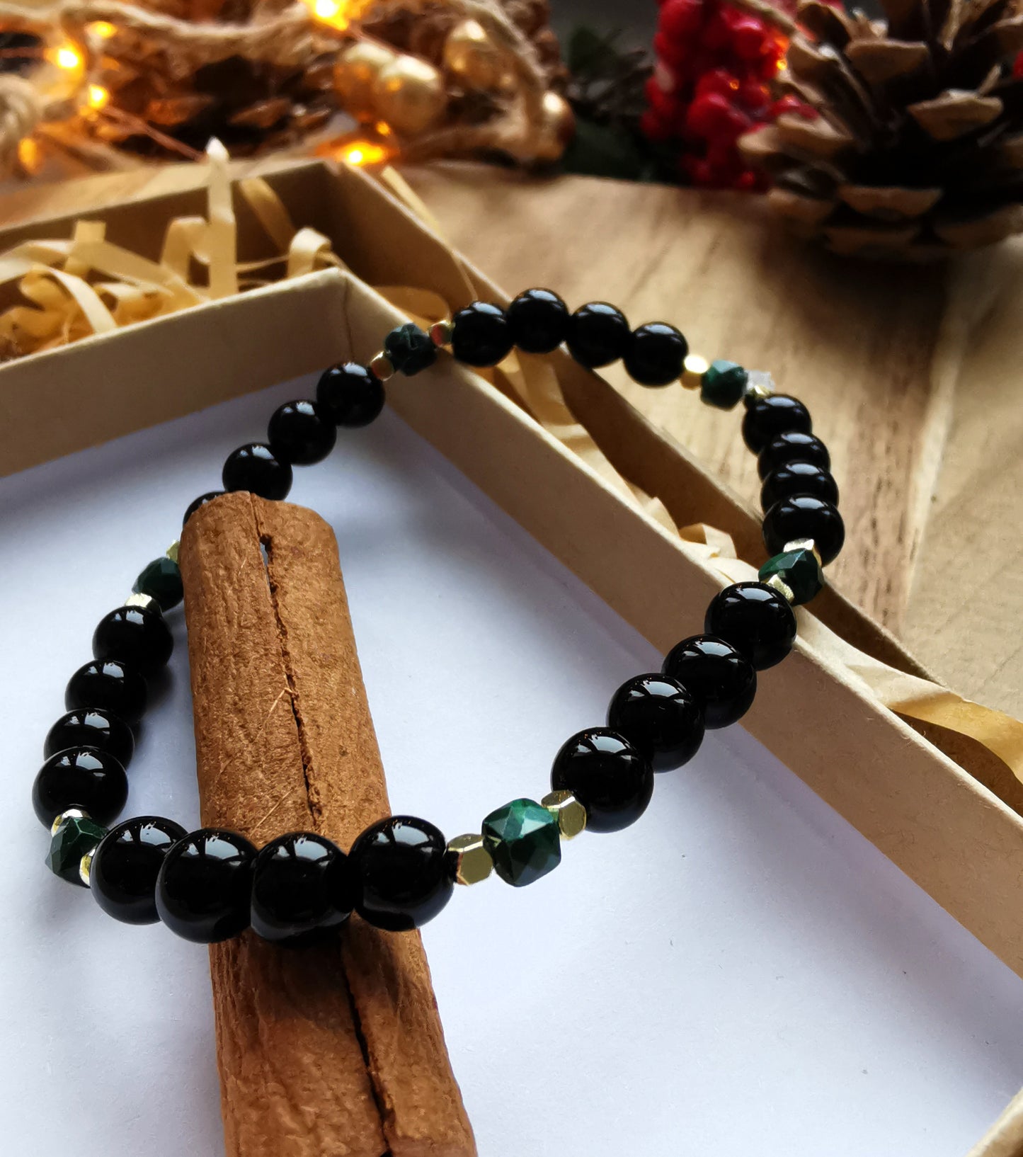 Bransoletka „Malachite Night” — agat czarny • malachit • hematyt