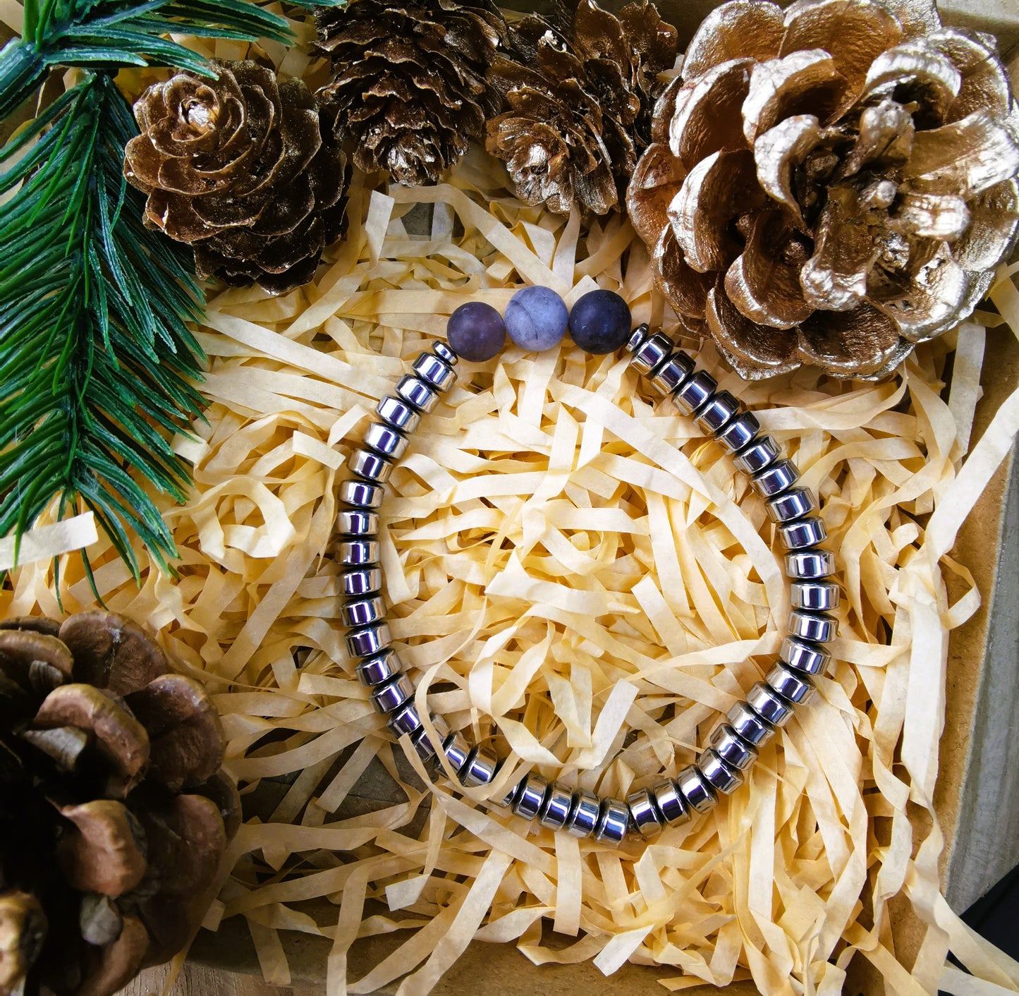 Męska Bransoletka  „Grey Pulse” — agat szary • hematyt