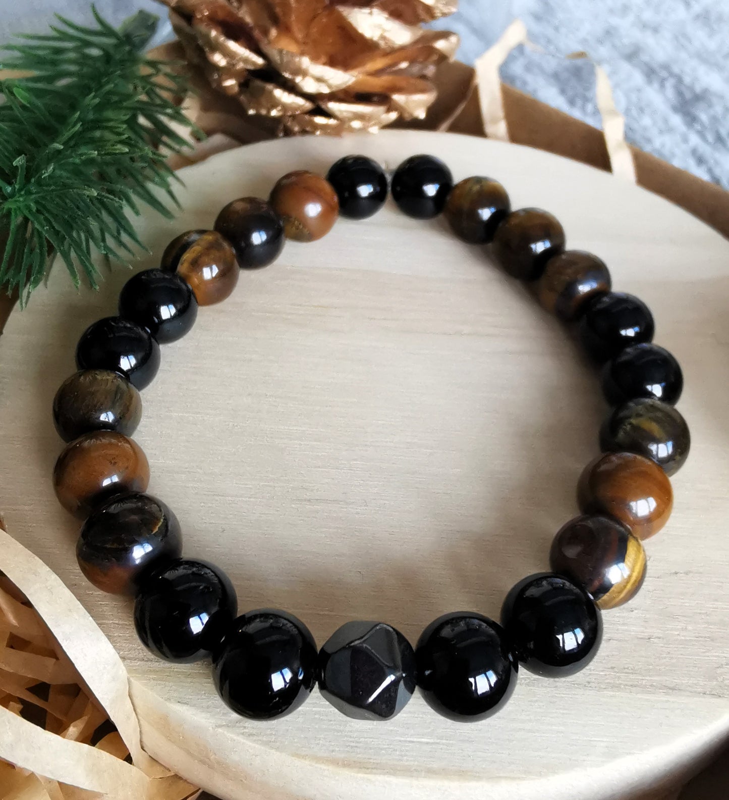 🧿 Męska bransoletka z tygrysiego oka, turmalinu i hematytu •