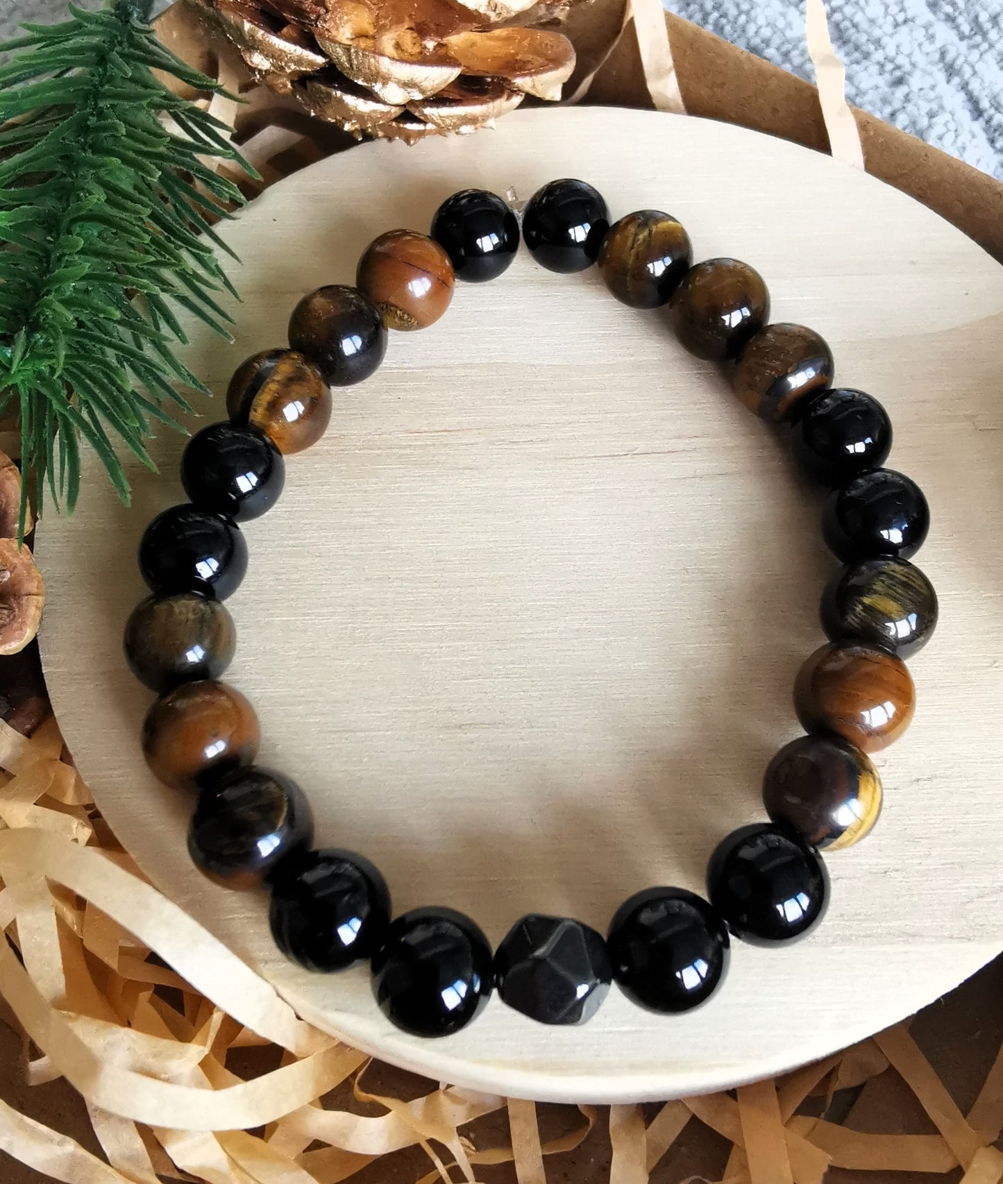 🧿 Męska bransoletka z tygrysiego oka, turmalinu i hematytu •