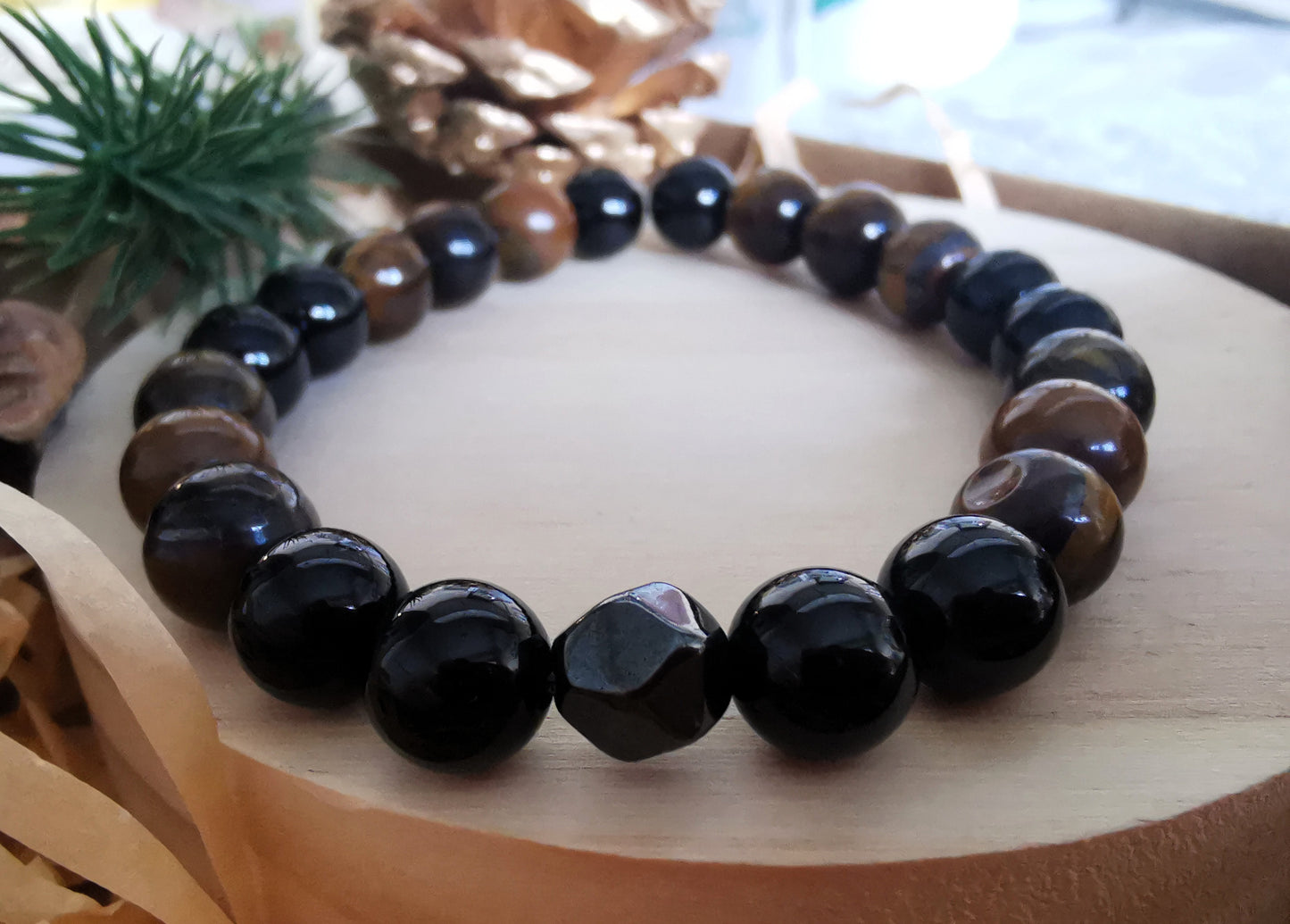 🧿 Męska bransoletka z tygrysiego oka, turmalinu i hematytu •