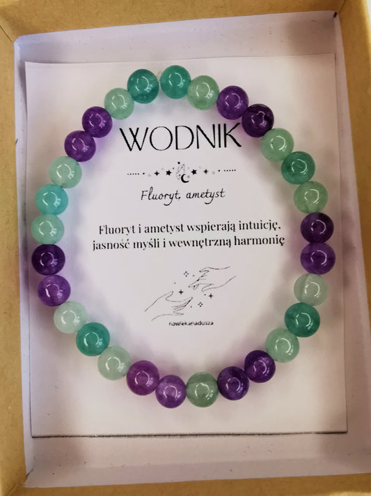 Zodiakalna bransoletka dla Wodnika - fluoryt i ametyst ♒