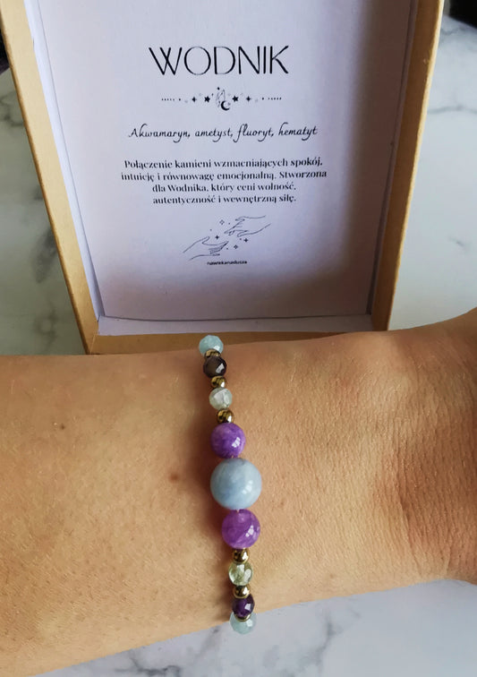 Bransoletka zodiakalna na sznurku dla Wodnika - ametyst, akwamaryn, fluoryt, hematyt ♒